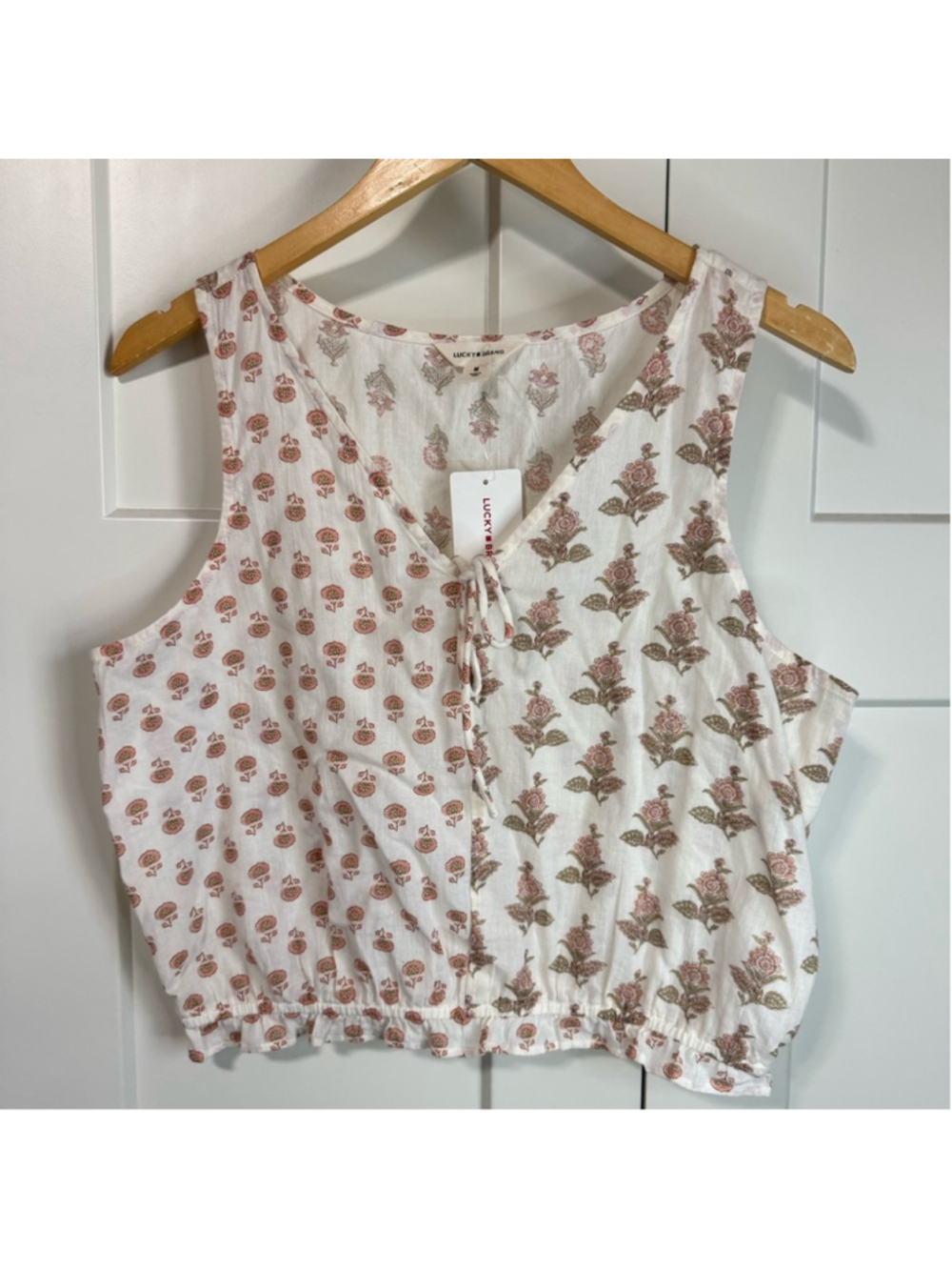Lucky Brand Women's Boho Floral Block Print smocked cropTop NWT M